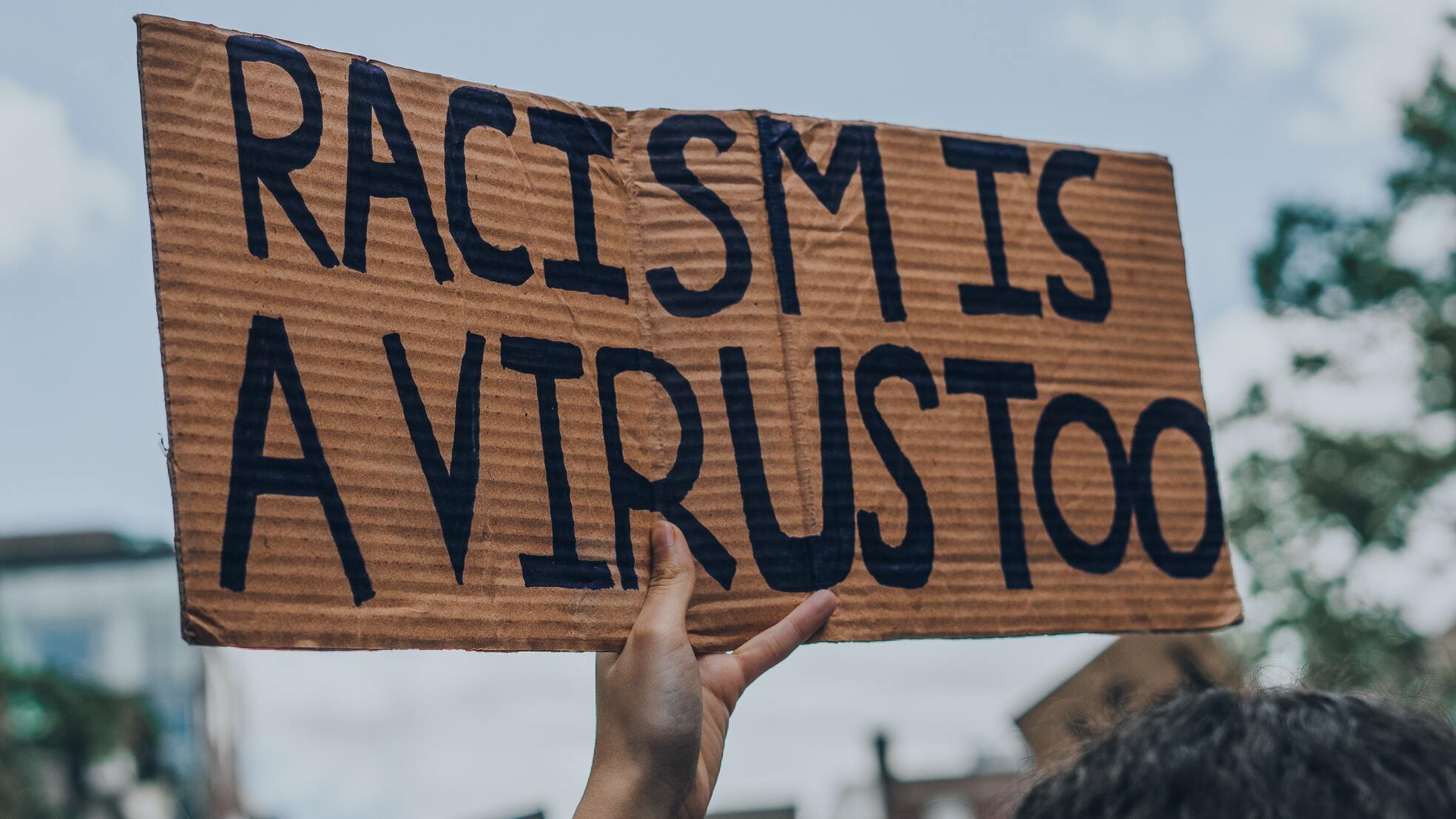 A placard that says 'Racism is a virus too', held by a black hand with a tree at the back.
