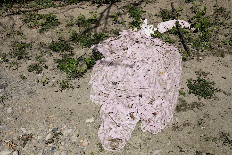 5.Blanket and towel used for bedding, westward along riverfront, a few minutes walk from the downtown core, August 2014