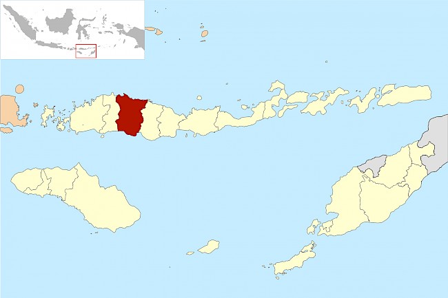 Figure 1. Map of Nusa Tenggara Timur (NTT) province in Indonesia (country map inset upper left). Manggarai Timur district on the island of Flores is shown in red. Source: Ewesewes at Indonesian Wikimedia, https://commons.wikimedia.org/wiki/File:Lokasi_Nusa_Tenggara_Timur_Kabupaten_Manggarai_Timur.svg