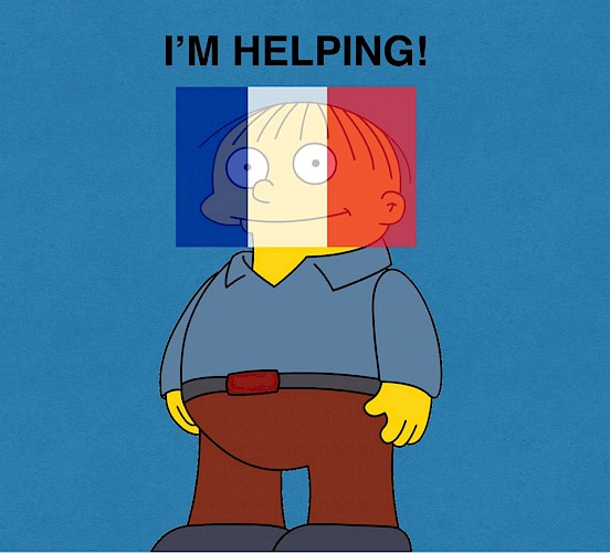 Figure 2. A picture of Ralph Wiggum, a character on the television show *The Simpsons*, with the French flag superimposed. This image was distributed through sites like Reddit as a criticism of the ‘slacktivism’ of Facebook users who, as a sign of solidarity, added the French flag to their profile pictures using a filter provided by Facebook. Source: https://www.justpo.st/post/46780.