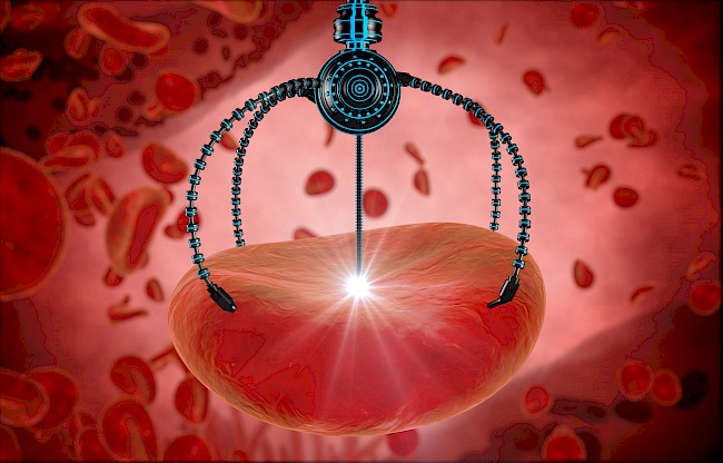 Artist rendition of a nanobot attached to red blood cell, Abou Farman © 123RF.com