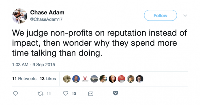 Figure 3. A tweet from Chase Adam speaks to the organization’s embrace of Silicon Valley values and skepticism about nonprofits.