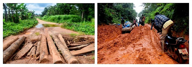 Figure 2. Rural bridges and roads in Sierra Leone and Liberia, 2013. Left-hand photograph by J. B. Dodane, right-hand photograph by Travis Lupik, both used with permission.