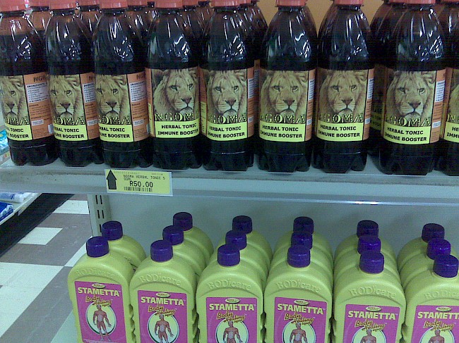 Bottles of Ngoma (Herbal Tonic Immune Booster) and Stametta (Body Healing Liquid) on sale in Mtubatuba, South Africa, in 2009