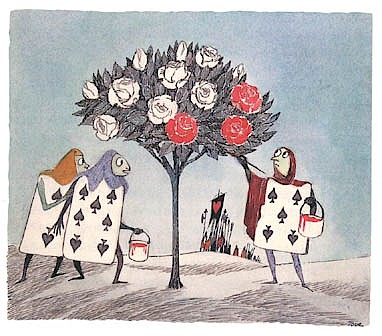 The Queen’s gardeners painting the roses red so she doesn’t chop off their heads (illustration by Tove Jansson. © Moomin Characters, reproduced with permission)