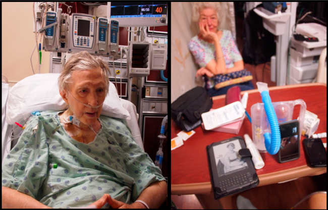 7. Three days post-op; diptych of Dad engaging with his technology while in cardiac intensive care, 28 March 2015