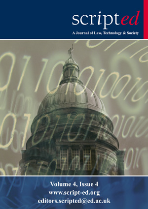 'The Two Homes of SCRIPTed', by Wiebke Abel, Shawn H.E. Harmon and Julie Robinson, This image, The Two Homes of SCRIPTed, depicts the foundational and the ethereal, both integral to the journal. The dome of Old College at the University of Edinburgh represents its real-world home and physical anchor. The binary code represents its content and the dynamism inherent in online publishing. The grey background represents the typical leaden skies of Scotland.
