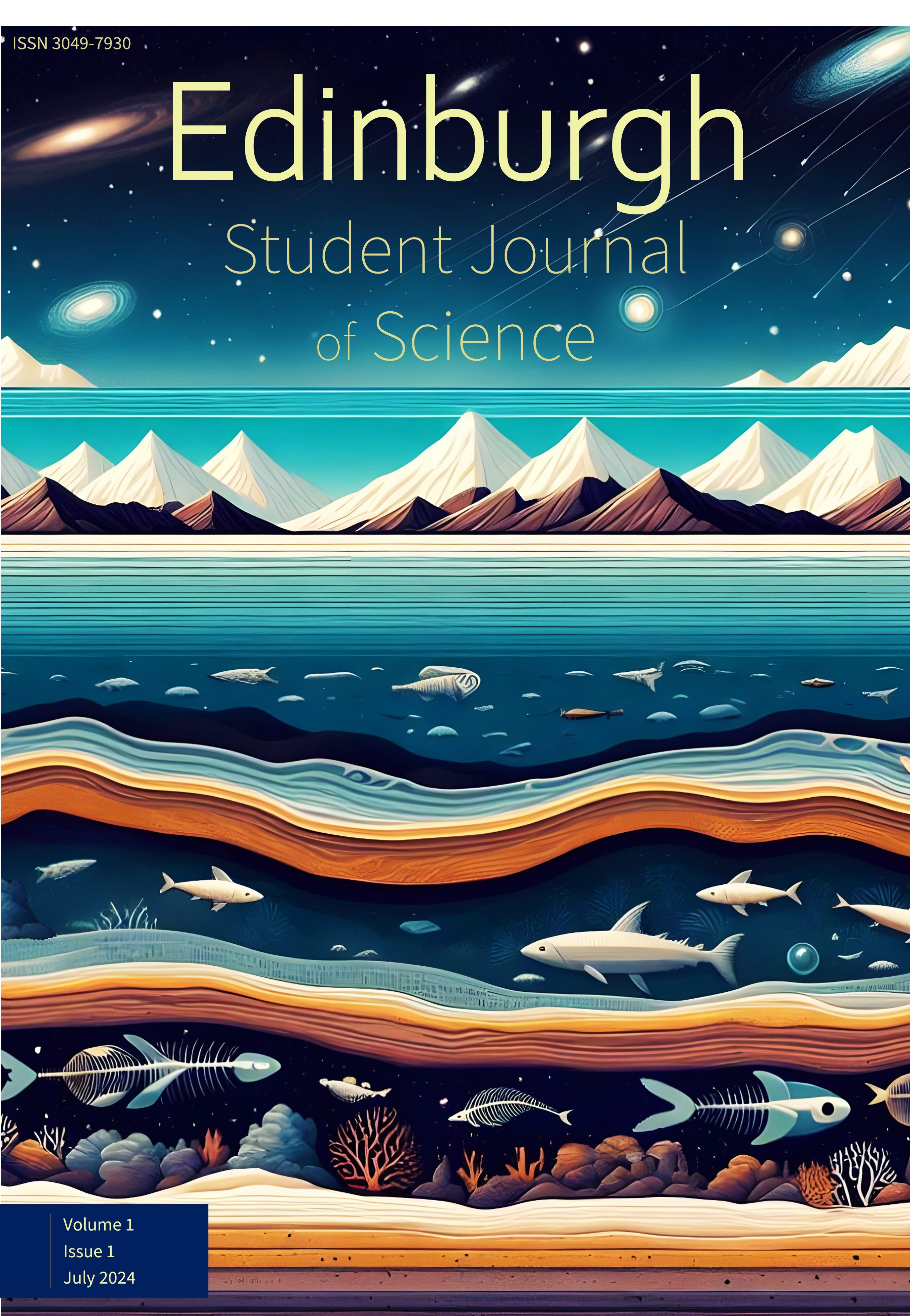 Journal cover of the Edinburgh Student Journal of Science Volume 1, Issue 1, which features a layered illustration of layers of sediments and water under the ocean, alongside fossilised and living marine life, topped with snowcapped mountains and galaxies among the stars.