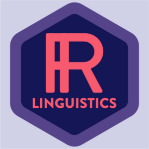 two pink R's interlock within a purple hexagon, with the word "linguistics" written underneath.